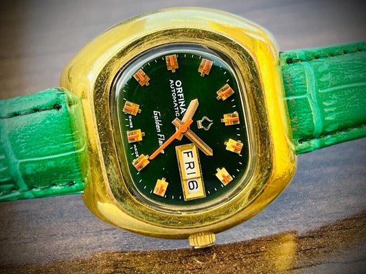 Vintage Orfina Golden Flame Emerald Green Dial Automatic Mens Swiss Watch 39mm - Grab A Watch Co