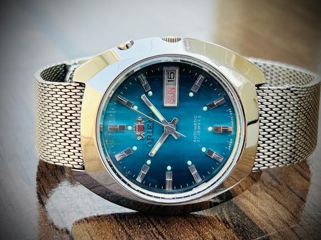 Vintage Orient 3 Crystal Blue Dial 38mm Shark Mesh Mens Watch, Perfect - Grab A Watch Co