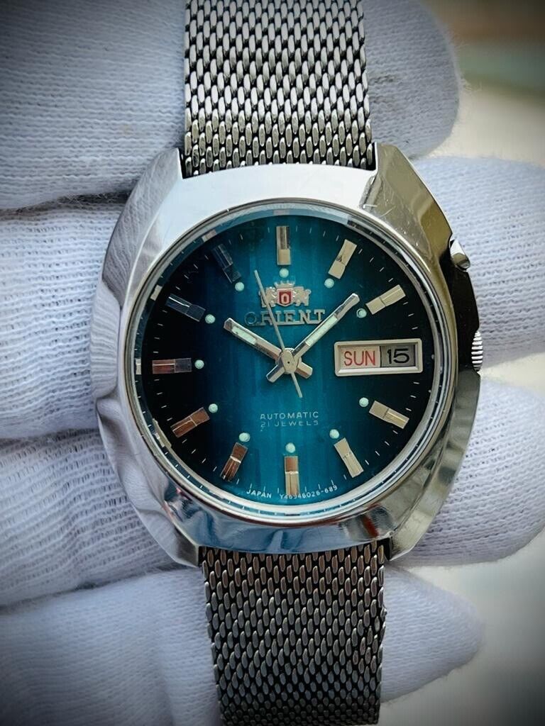 Vintage Orient 3 Crystal Blue Dial 38mm Shark Mesh Mens Watch, Perfect - Grab A Watch Co