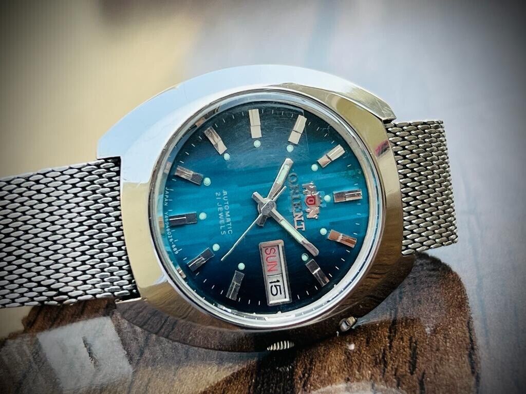 Vintage Orient 3 Crystal Blue Dial 38mm Shark Mesh Mens Watch, Perfect - Grab A Watch Co