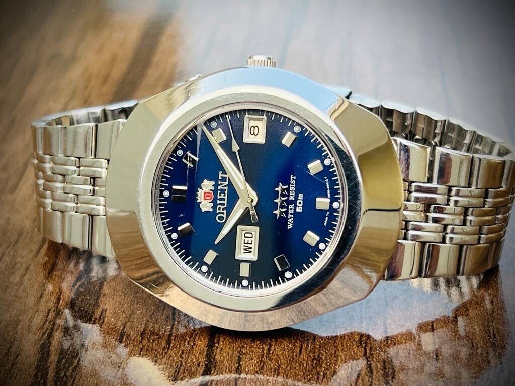 Vintage Orient 3 Star 50m Blue Dial, Diamond Cut Sapphire Glass Mens Watch 40mm - Grab A Watch Co