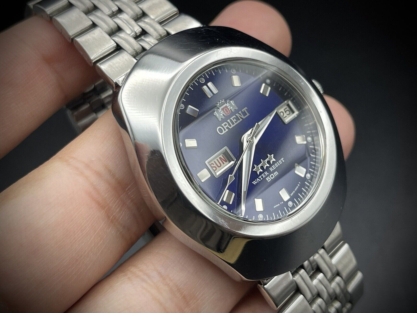 Vintage Orient 3 Star 50m Blue Dial, Diamond Cut Sapphire Glass Mens Watch 40mm - Grab A Watch Co