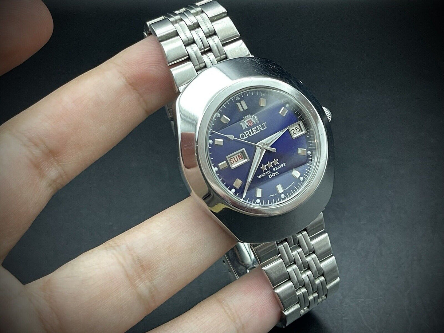 Vintage Orient 3 Star 50m Blue Dial, Diamond Cut Sapphire Glass Mens Watch 40mm - Grab A Watch Co