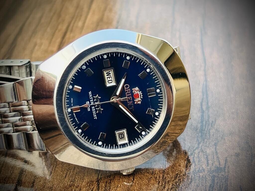 Vintage Orient 3 Star 50m Blue Dial, Diamond Cut Sapphire Glass Mens Watch 40mm - Grab A Watch Co