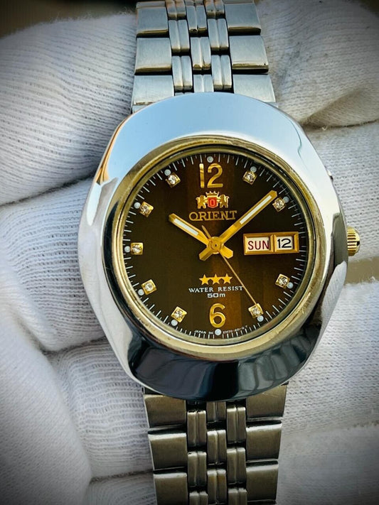 Vintage Orient 3 Star 50m Brown Diamond Dial Mens Watch 40mm, Rare - Grab A Watch Co