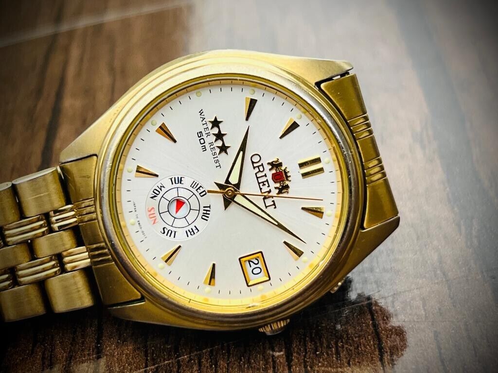 Vintage Orient 3 Star 50m NOS Gold Plated, Perfect Mens Watch 38mm - Grab A Watch Co