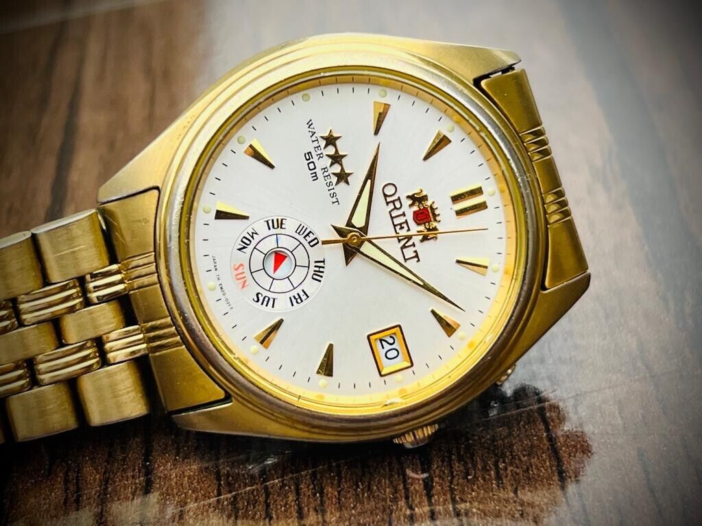Vintage Orient 3 Star 50m NOS Gold Plated, Perfect Mens Watch 38mm - Grab A Watch Co