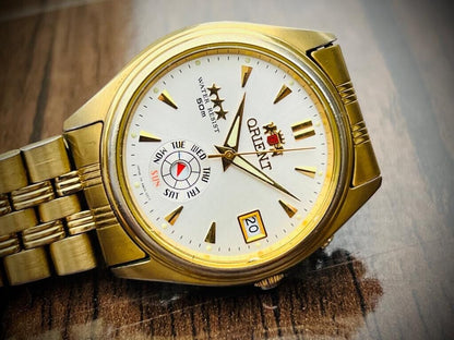 Vintage Orient 3 Star 50m NOS Gold Plated, Perfect Mens Watch 38mm - Grab A Watch Co