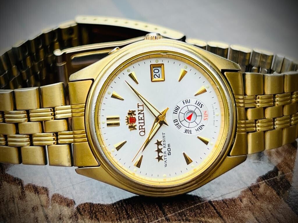 Vintage Orient 3 Star 50m NOS Gold Plated, Perfect Mens Watch 38mm - Grab A Watch Co