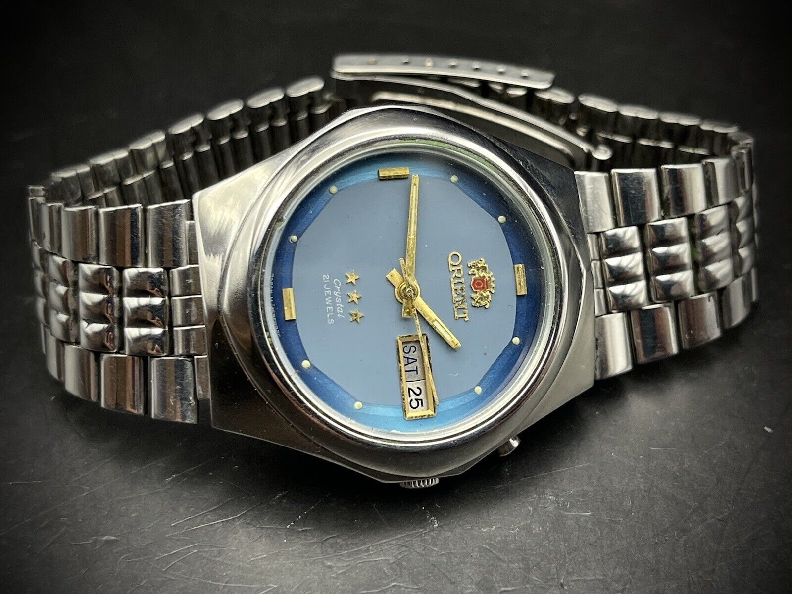 Vintage Orient 3 Star Blue Dial 35mm Gents Watch, Japan made, Perfect - Grab A Watch Co