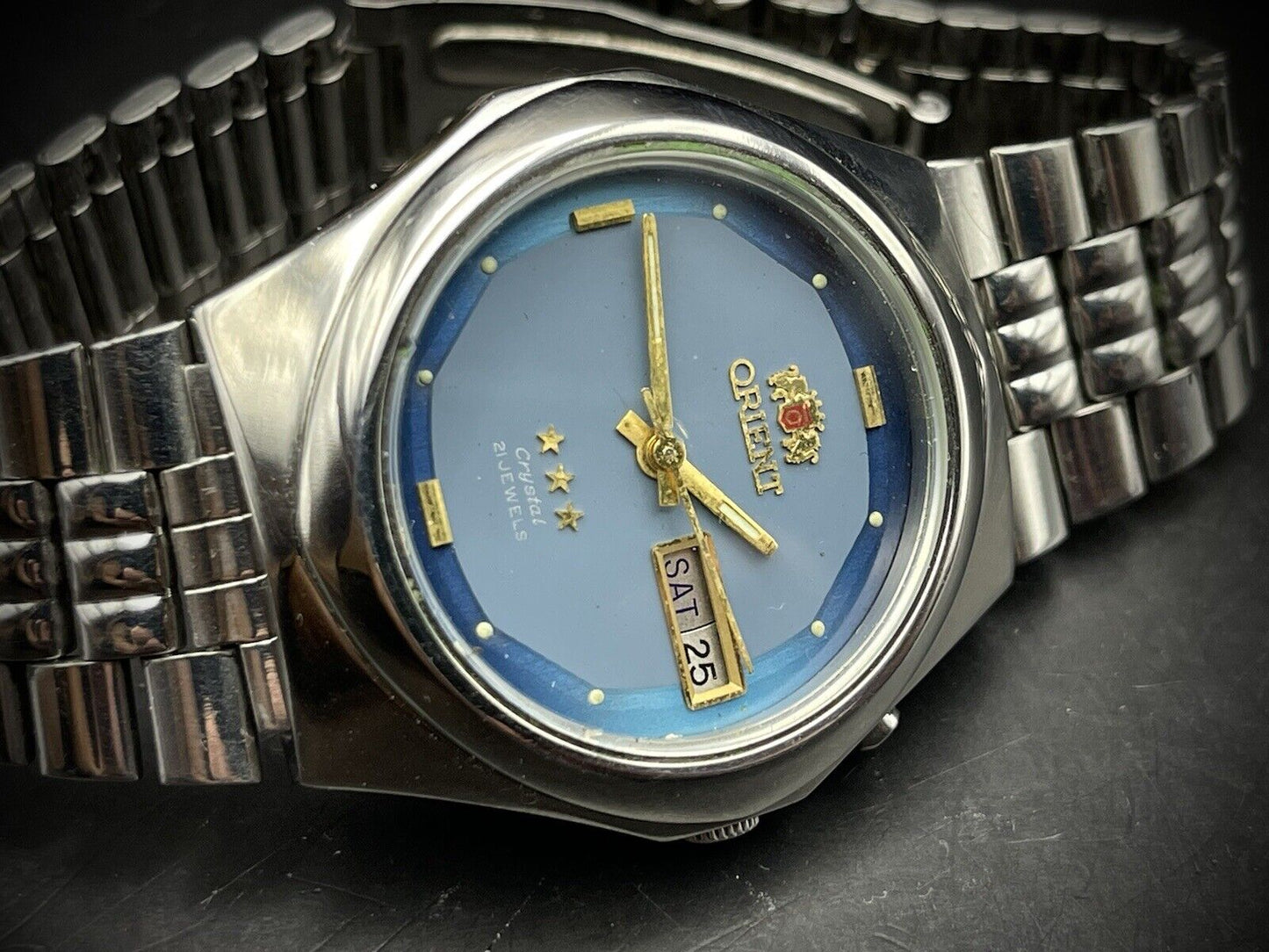 Vintage Orient 3 Star Blue Dial 35mm Gents Watch, Japan made, Perfect - Grab A Watch Co
