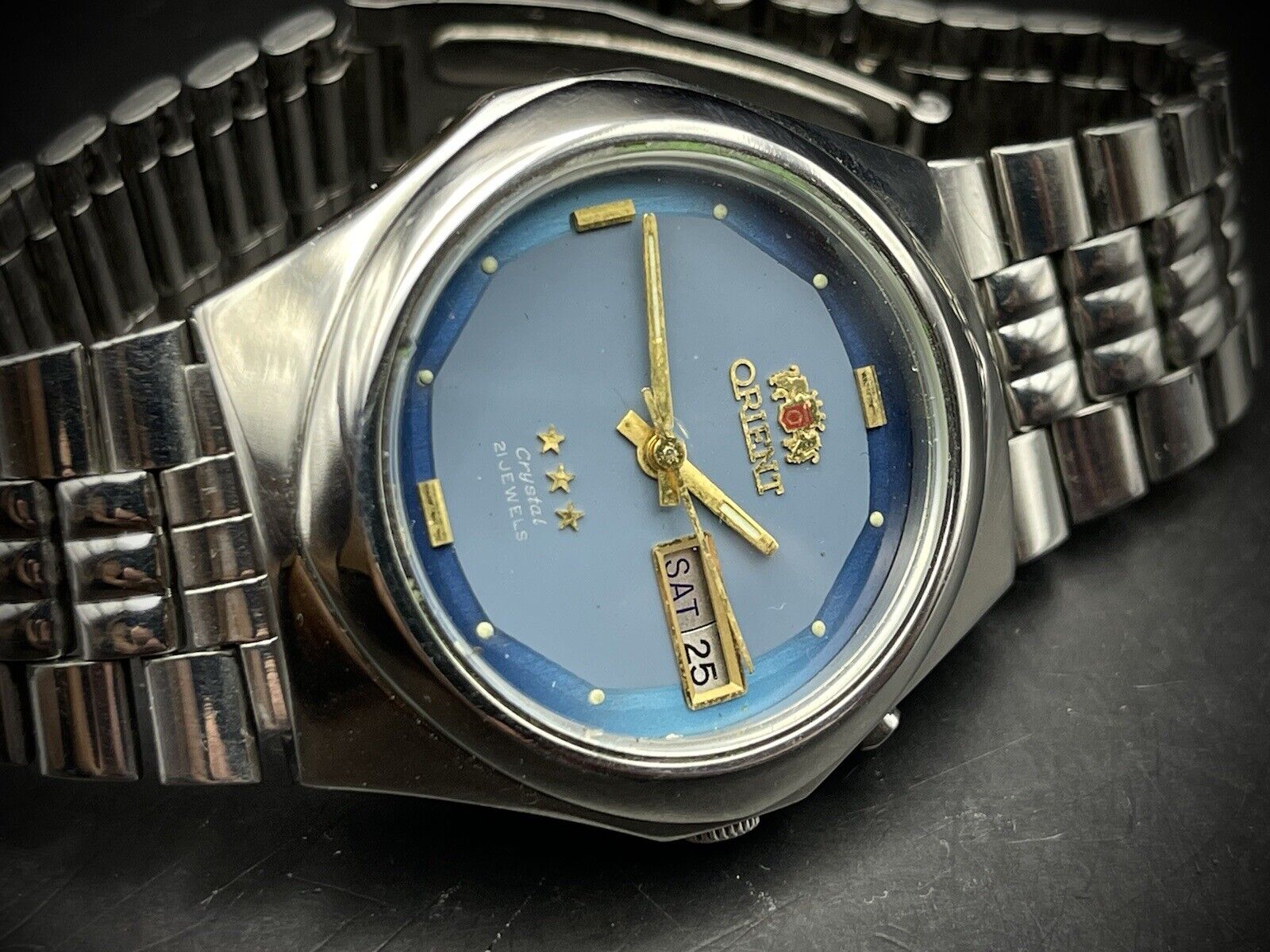 Vintage Orient 3 Star Blue Dial 35mm Gents Watch, Japan made, Perfect - Grab A Watch Co