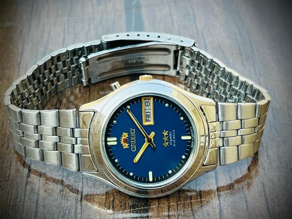 Vintage Orient 3 Star Crystal NOS 21 Jewels Blue Dial, Perfect Mens Watch 36mm - Grab A Watch Co