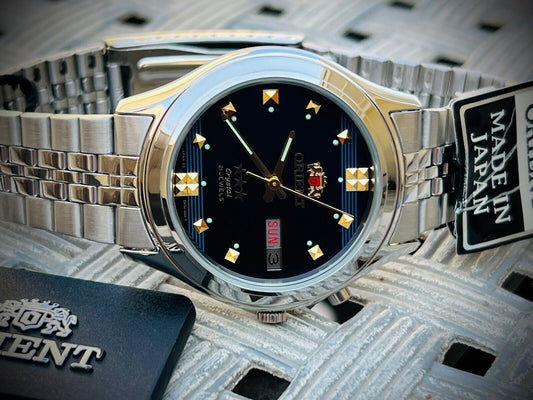 Vintage Orient 3 Star Crystal NOS With Tags 21 Jewels Dark Blue Dial, Perfect - Grab A Watch Co