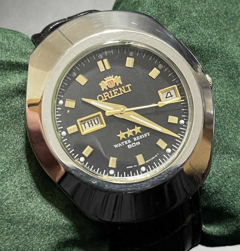 Vintage Orient 3 Star Sapphire Glass Black Dial (Date) 40mm Gents Watch, Japan - Grab A Watch Co