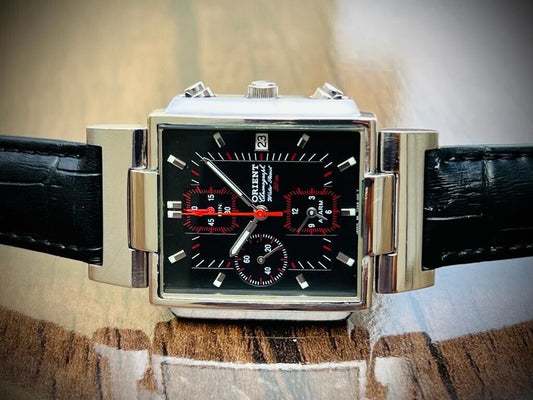 Vintage Orient 50m Chronograph Quartz Black & Red Dial Japan Made 34mm - Grab A Watch Co