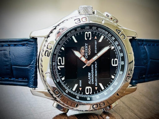 Vintage ORIENT Digital 100m Alarm Chronograph Dual Time Mens Watch 40mm - Grab A Watch Co