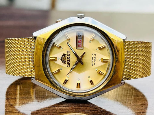 Vintage Orient Gold Plated Diamond Cut Sapphire Glass 21 Jewels Japan Made 38mm - Grab A Watch Co