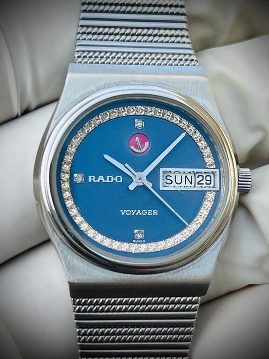 Vintage Rado Voyager Blue Diamond Dial Automatic Watch, Swiss Made, Rare - Grab A Watch Co