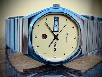 Vintage Rado Voyager Gold Diamond Dial Automatic Gents Watch, 37mm Big Size - Grab A Watch Co
