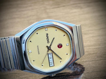 Vintage Rado Voyager Gold Diamond Dial Automatic Gents Watch, 37mm Big Size - Grab A Watch Co