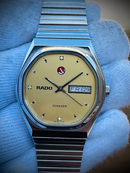 Vintage Rado Voyager Gold Diamond Dial Automatic Gents Watch, 37mm Big Size - Grab A Watch Co