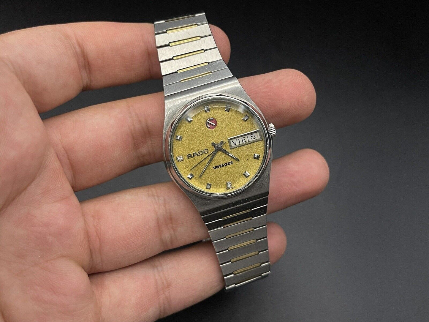 Vintage Rado Voyager Gold Sand Dial Automatic Unisex Watch, 31mm, Swiss Made - Grab A Watch Co