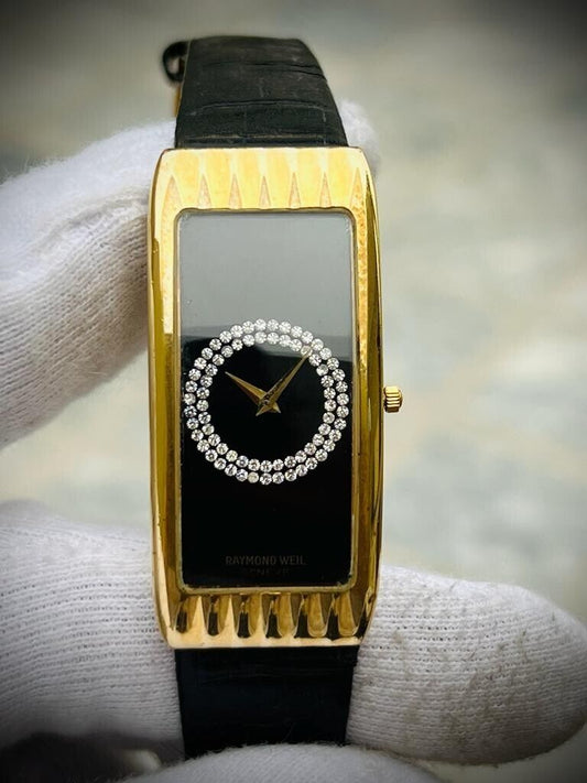 Vintage Raymond Weil 3731 Quartz Black Diamond Dial Slim Curved Mens Watch - Grab A Watch Co