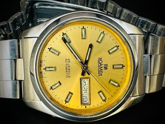 Vintage Roamer incabloc Golden Dial 25 Jewels Automatic Orignal Swiss made 36mm - Grab A Watch Co