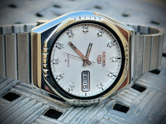 Vintage Seiko 5 Automatic White Diamond Dial Ref:7009-8540, Japan 38mm - Grab A Watch Co