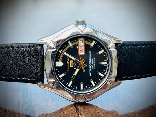 Vintage Seiko 5 Sports 100m Black Dial 7S36 Gents Watch, Japan made 40mm - Grab A Watch Co