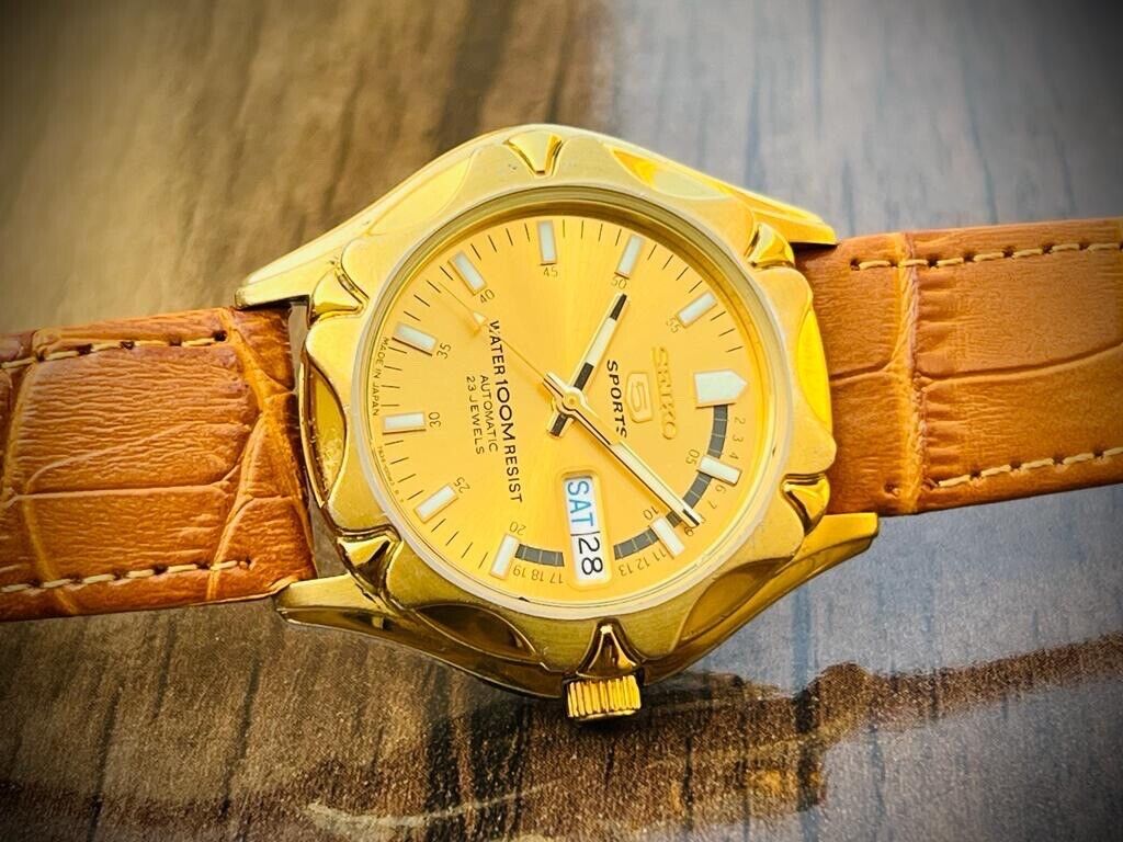 Vintage Seiko 5 Sports 100m Gold Dial 7S36 Gents Watch, Japan made 38mm - Grab A Watch Co