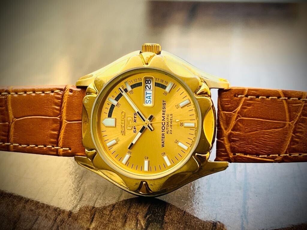 Vintage Seiko 5 Sports 100m Gold Dial 7S36 Gents Watch, Japan made 38mm - Grab A Watch Co