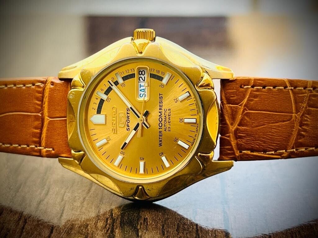 Vintage Seiko 5 Sports 100m Gold Dial 7S36 Gents Watch, Japan made 38mm - Grab A Watch Co