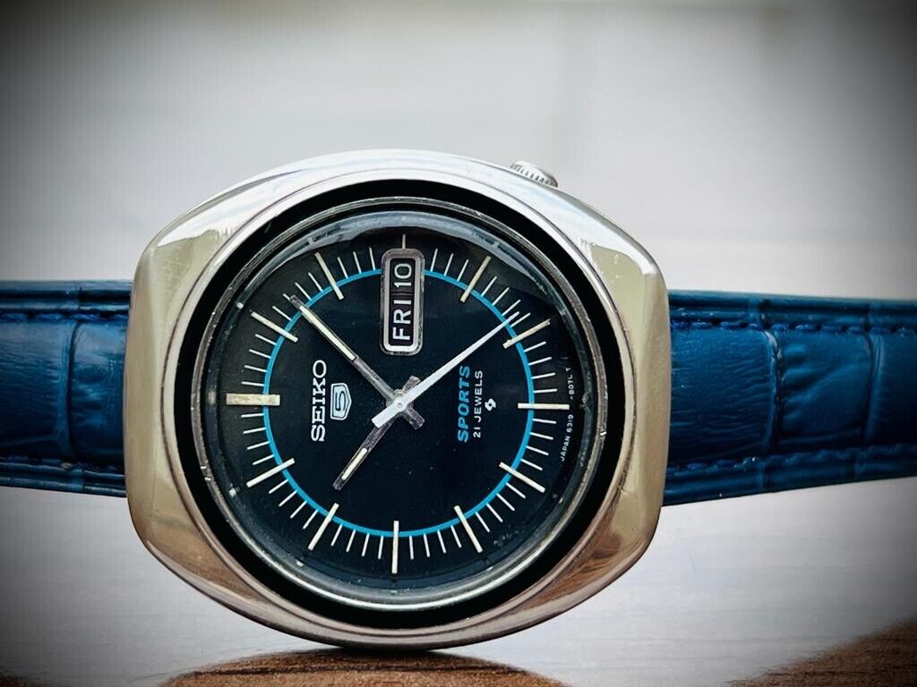 Vintage Seiko 5 Sports Blue dial 21 Jewels 40mm Made In Japan 6319-8070 - Grab A Watch Co