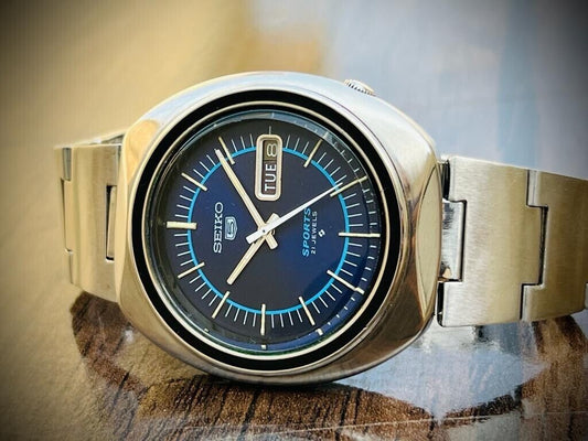 Vintage Seiko 5 Sports Blue dial 21 Jewels 42mm Made In Japan 6319-8070 - Grab A Watch Co