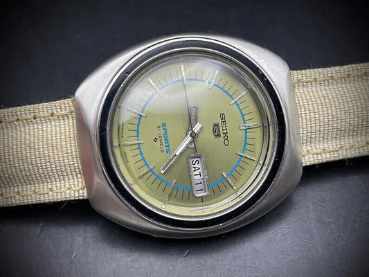 Vintage Seiko 5 Sports Military Green Dial 40mm Gents Watch, Japan made - Grab A Watch Co