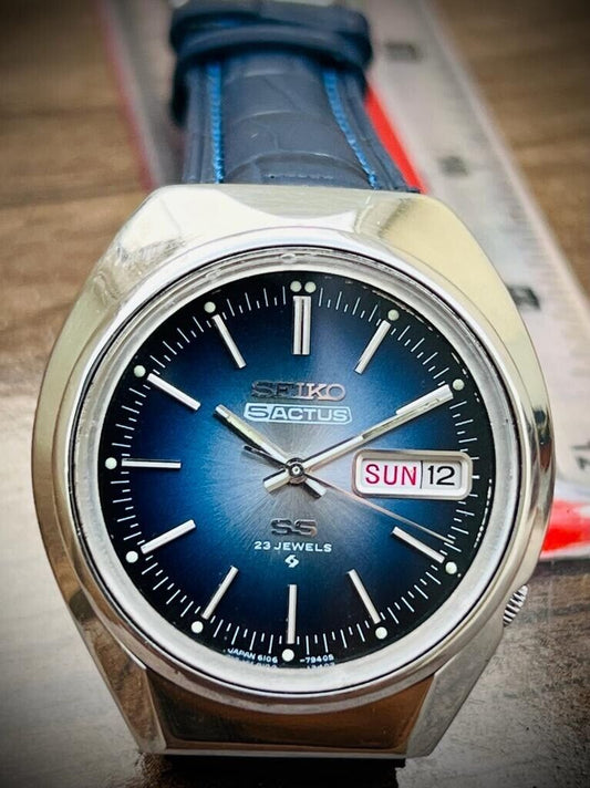 Vintage Seiko Actus SS Automatic Mens Watch 23 Jewels 36mm Blue Dial 6106-7640 - Grab A Watch Co