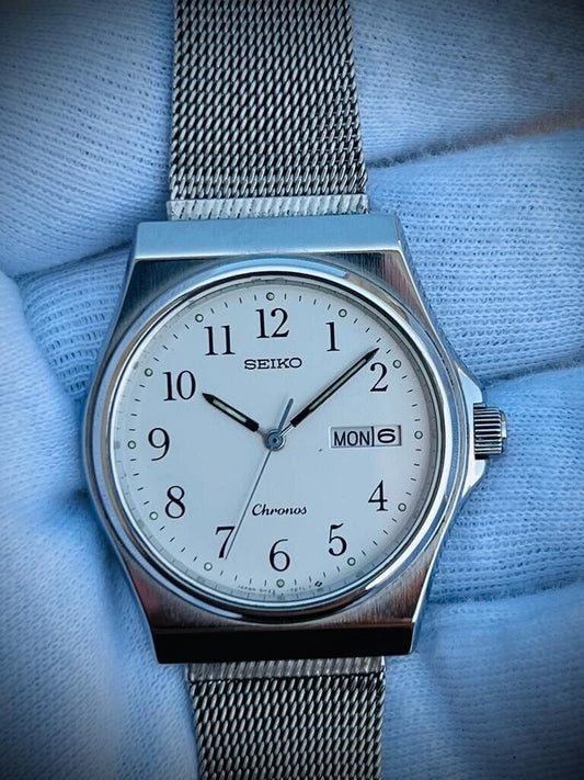 Vintage Seiko Chronos Quartz Mens Watch Japan Made 35mm, Perfect, Shark Mesh - Grab A Watch Co