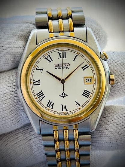 Vintage Seiko Kinetic Quartz Date Slim Mens Watch, Japan 37mm 5M42-0880 - Grab A Watch Co