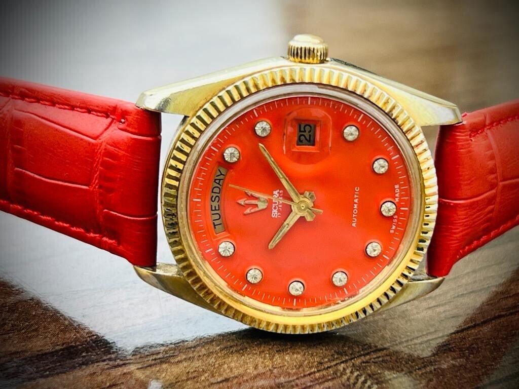 Vintage Sicura President Orange Diamond Dial Automatic 36mm Mens Watch, Rare - Grab A Watch Co