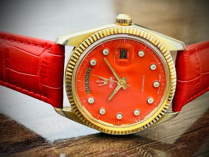 Vintage Sicura President Orange Diamond Dial Automatic 36mm Mens Watch, Rare - Grab A Watch Co