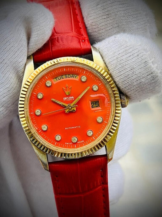 Vintage Sicura President Orange Diamond Dial Automatic 36mm Mens Watch, Rare - Grab A Watch Co