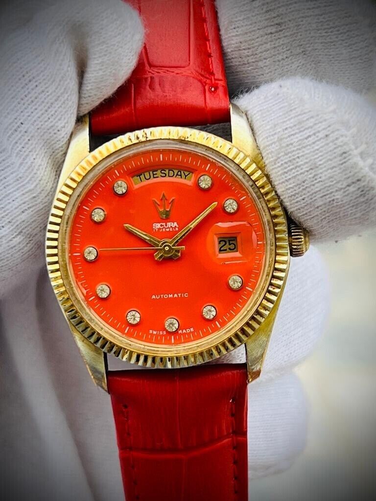 Vintage Sicura President Orange Diamond Dial Automatic 36mm Mens Watch, Rare - Grab A Watch Co