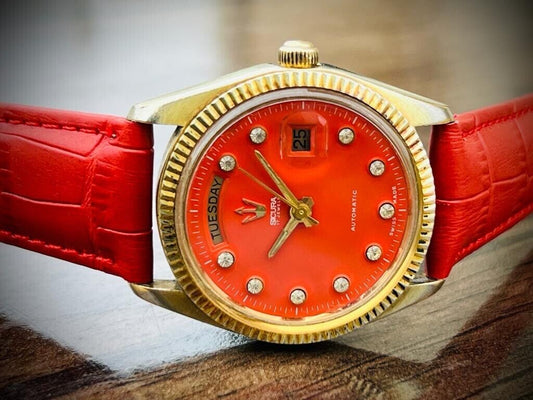 Vintage Sicura President Orange Diamond Dial Automatic 36mm Mens Watch, Rare - Grab A Watch Co