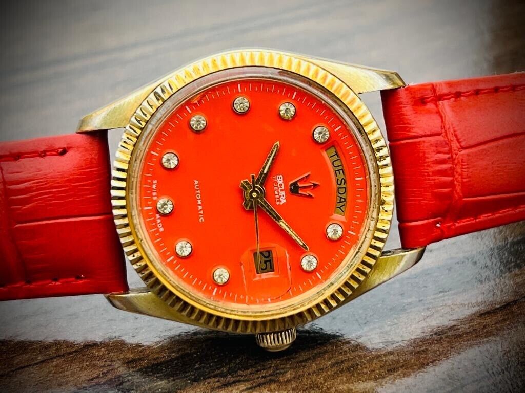 Vintage Sicura President Orange Diamond Dial Automatic 36mm Mens Watch, Rare - Grab A Watch Co