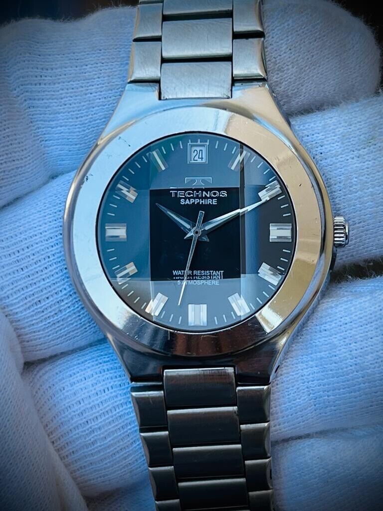 Vintage Technos Sapphire Black Dial 39mm Quartz T9429 Gents Watch Swiss, Perfect - Grab A Watch Co