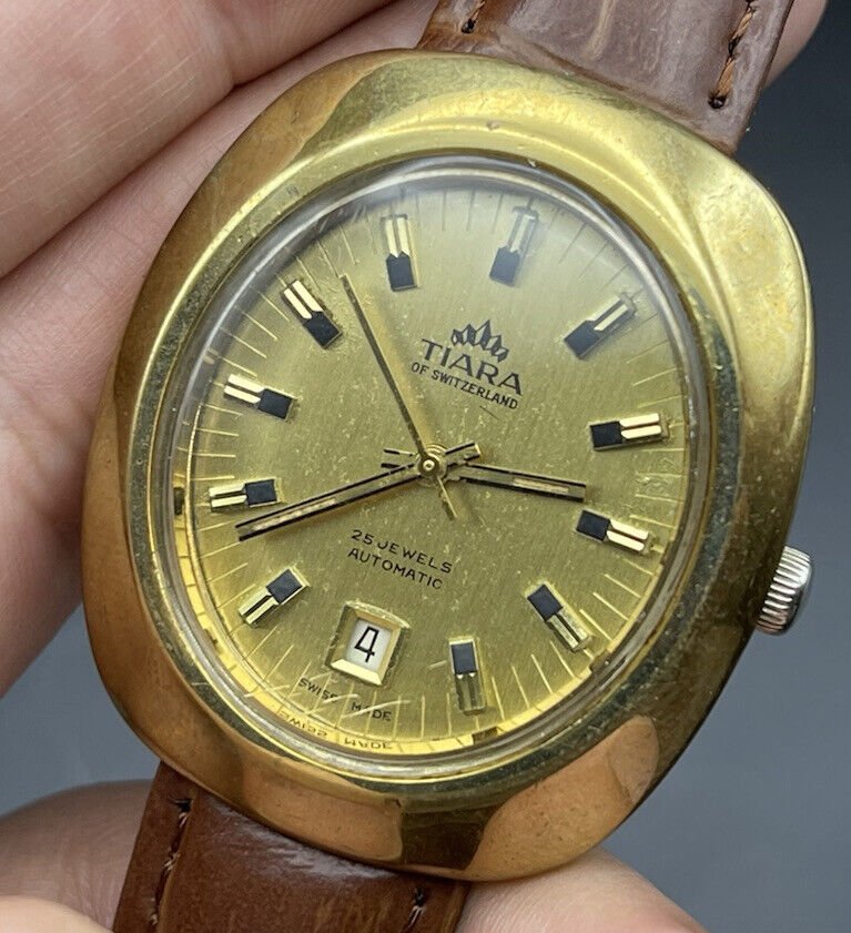 Vintage Tiara of Switzerland Gold 25 Jewels Automatic Gents Watch, 35mm ETA 2783 - Grab A Watch Co