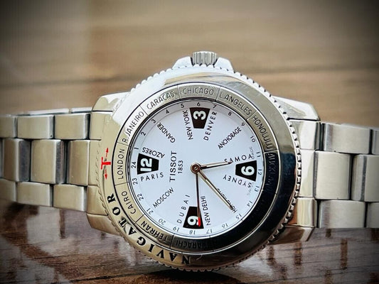 Vintage Tissot Navigator N250 World Timer Men's Watch Quartz 42mm Swiss, Perfect - Grab A Watch Co
