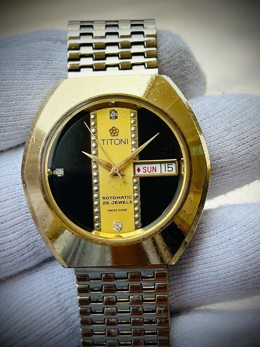Vintage Titoni Romatic Eye Catching Dial Mens Watch, RARE Gold Plated 36mm - Grab A Watch Co